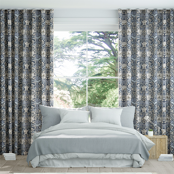 S-Fold William Morris Honeysuckle and Tulip Velvet Grey Blue Curtains