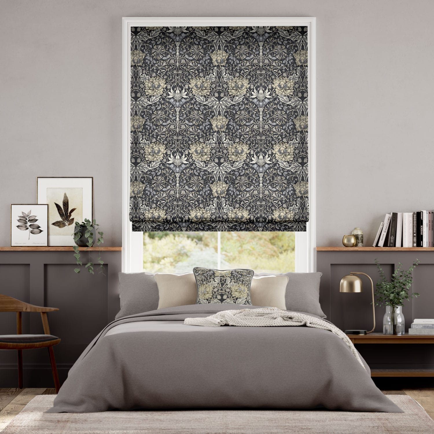 William Morris Honeysuckle and Tulip Velvet Gunmetal Roman Blind